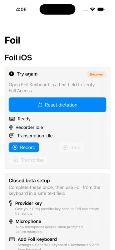 Foil iOS closed beta setup screen showing record controls and keyboard setup checklist