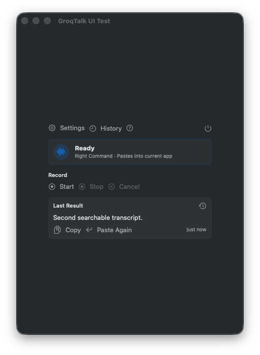 Foil menu control center showing ready status, record controls, setup readiness, and last result