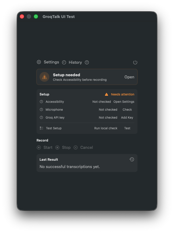 Foil setup-needed menu state with recovery actions